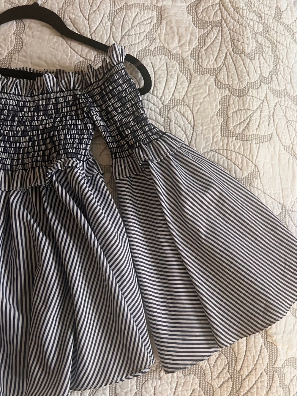 Wren & Willa Blue & White Striped Off Shoulder Smocked Ruffle Top